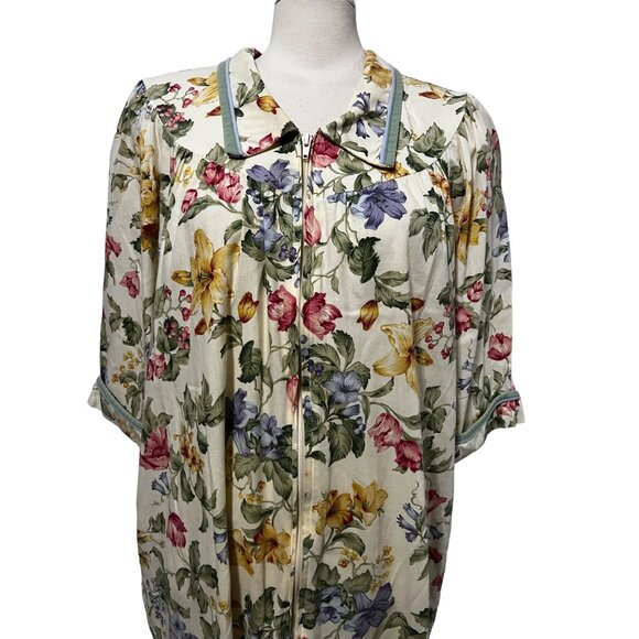 Vintage Smart Time Floral Zip Front Night Gown Robe Sz Large Womens Collared Bei - Picture 6 of 12